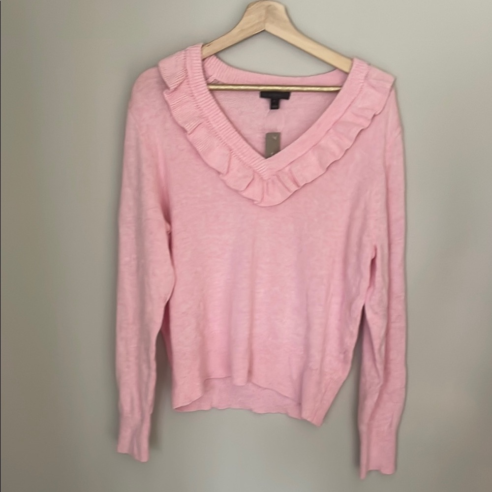 J. Crew Soft Pink Ruffle V-Neck Sweater